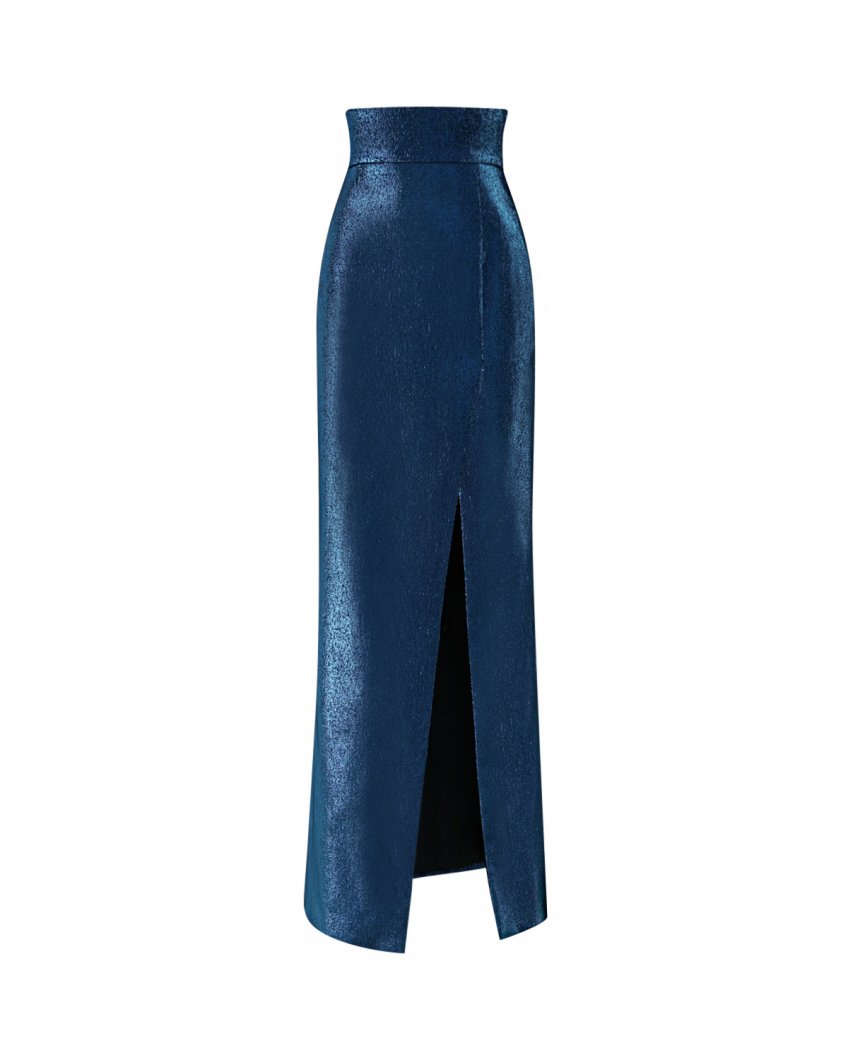 Blue lamé high-rise skirt with lateral rip