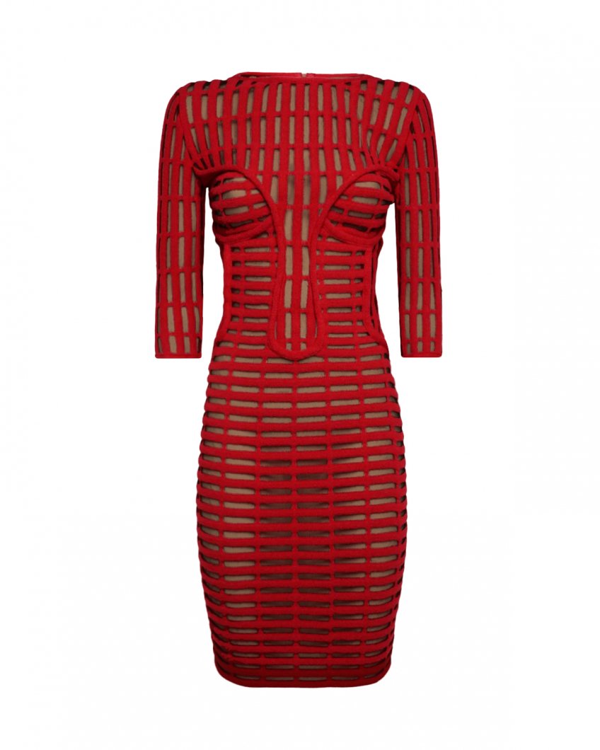 Red open-knit bodycon dress
