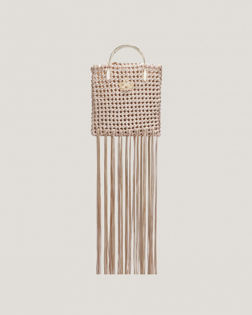 Woven leather bag with fringes