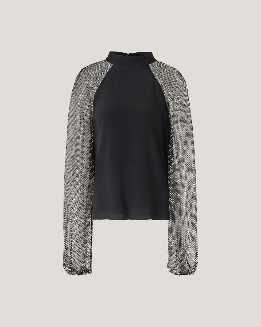 Silk-blend top with rhinestone mesh sleeves