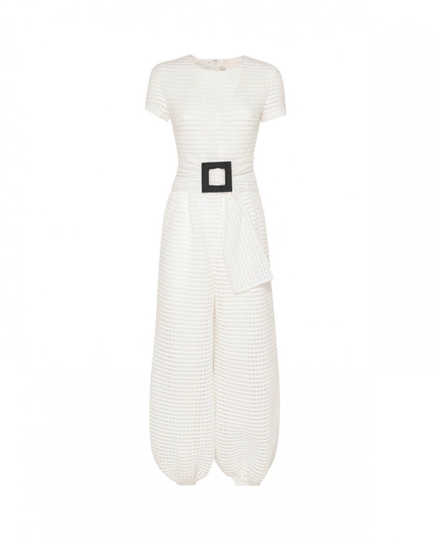 White belted knitted jumpsuit