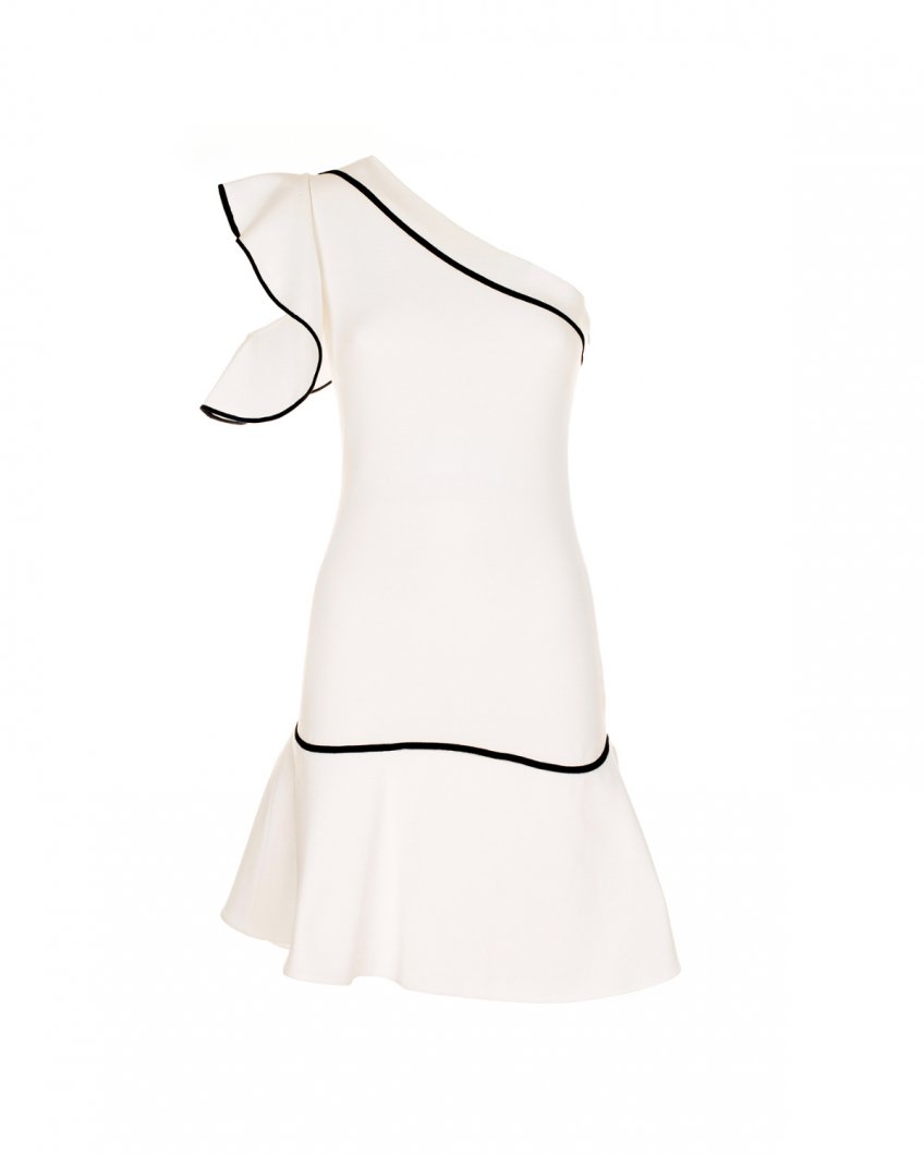 One-shoulder ruched white knit dress