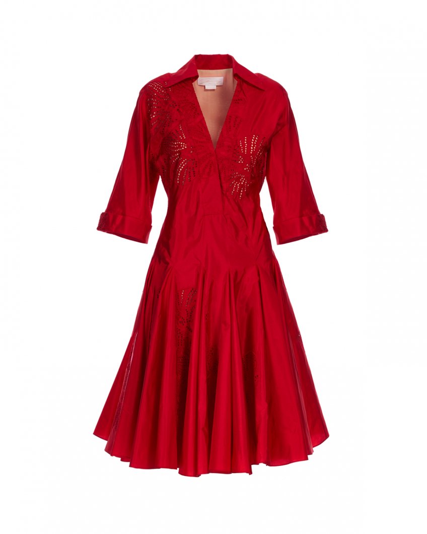 Red silk taffeta dress with orchid embroidery