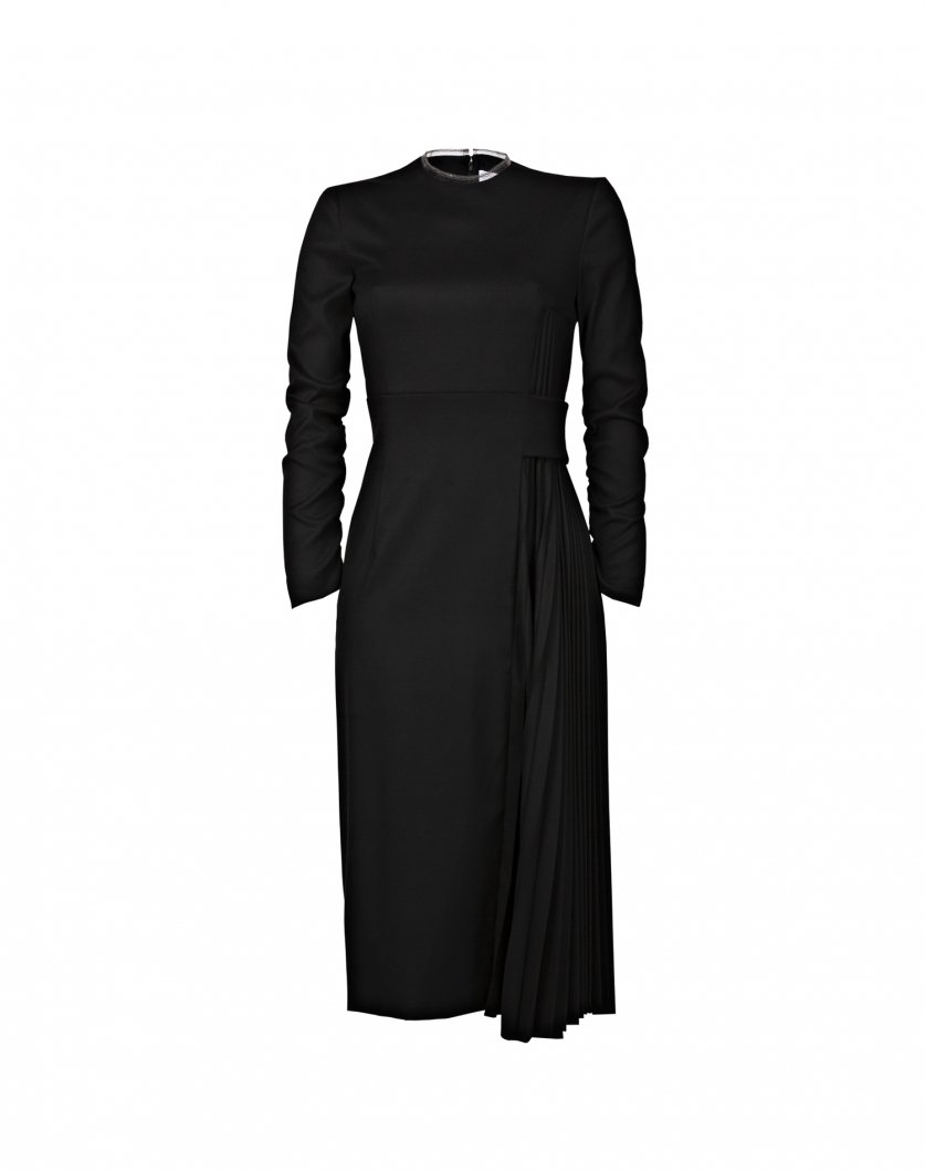 Long sleeve black dress with pleats detail