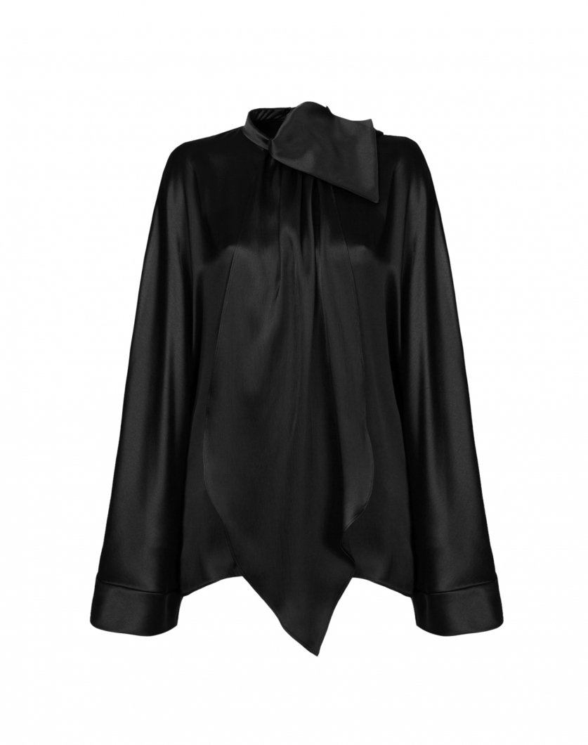 Black satin silk blouse with kimono sleeves