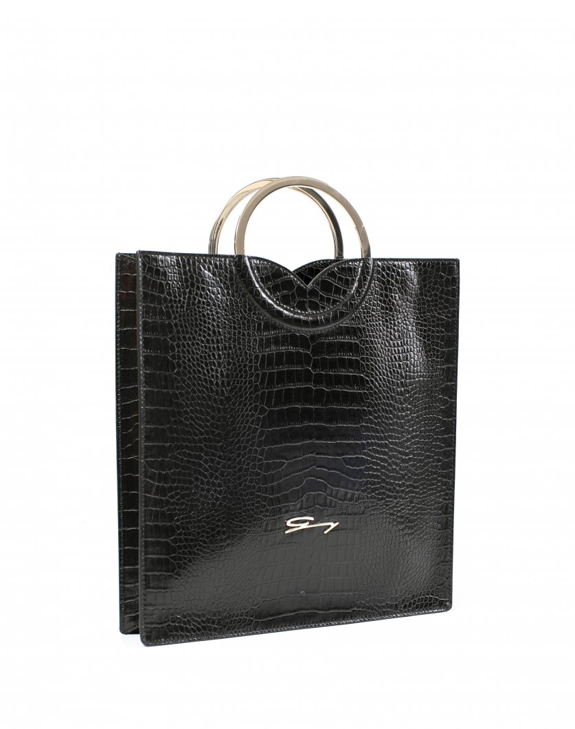 Black leather square bag with round metal handles