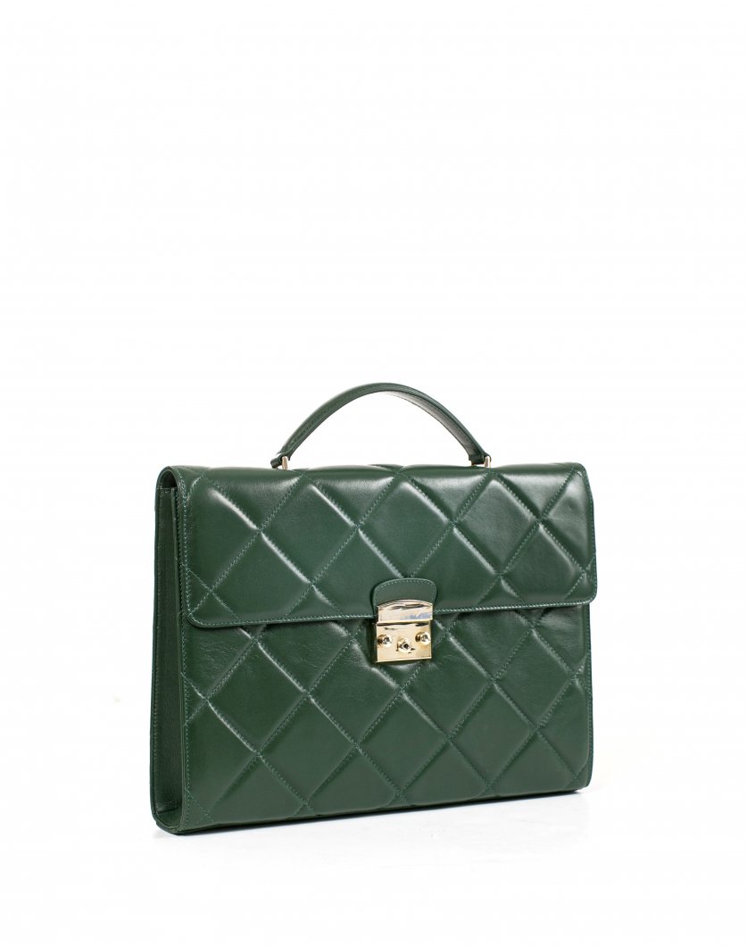 Green leather folder quilted with diamonds