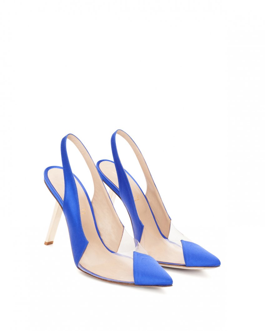 Blue satin pumps with PVC inserts