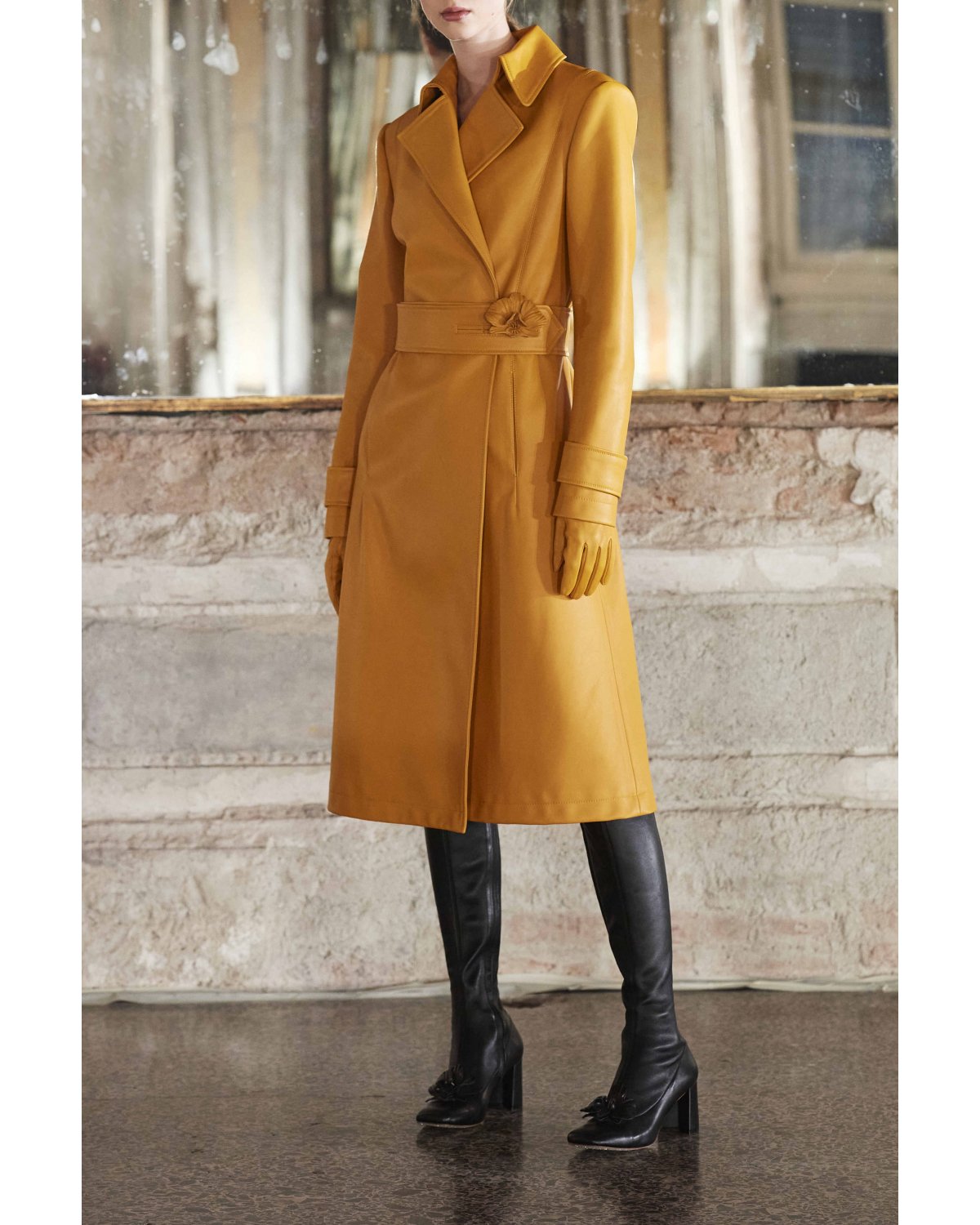 Belted ochre leather coat | | Genny