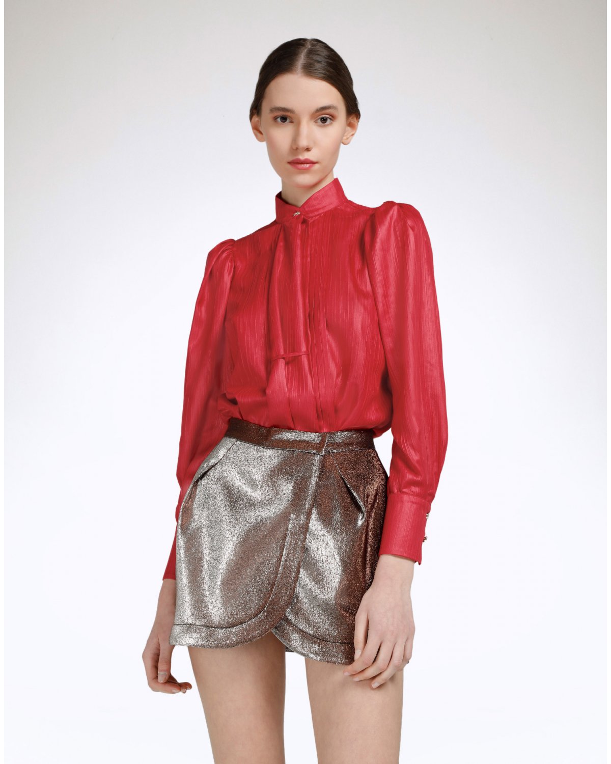Red crinkled shirt with puffball sleeves | | Genny