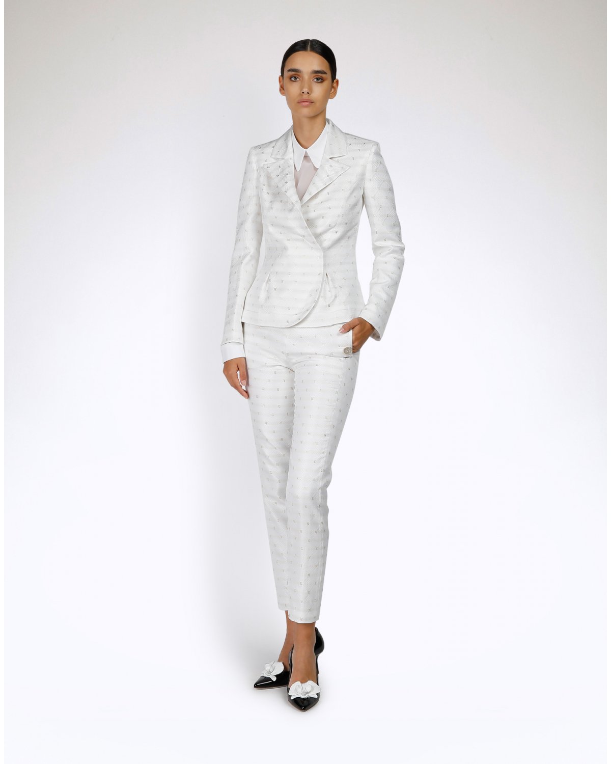 White jacquard lamé-trimmed blazer | | Genny