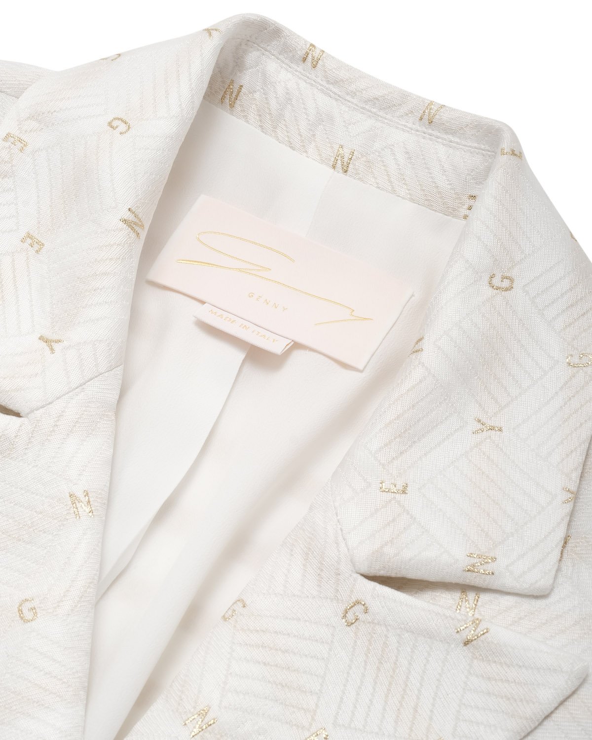 White jacquard lamé-trimmed blazer | | Genny