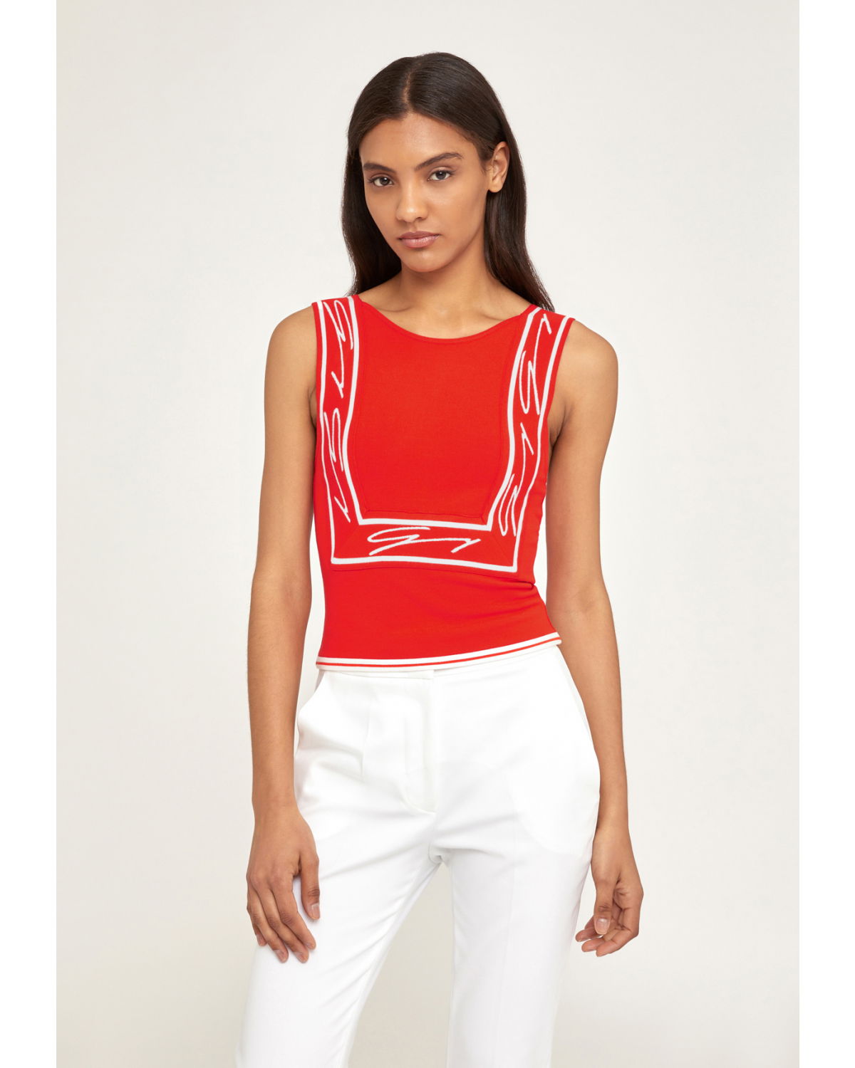 Red top with logo band | | Genny