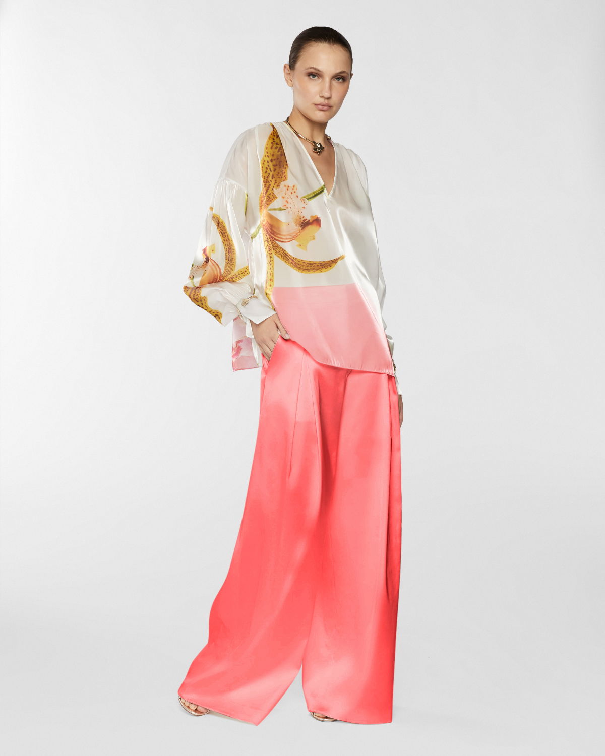 Wide satin pants with X | Resort 2025 Collection | Genny