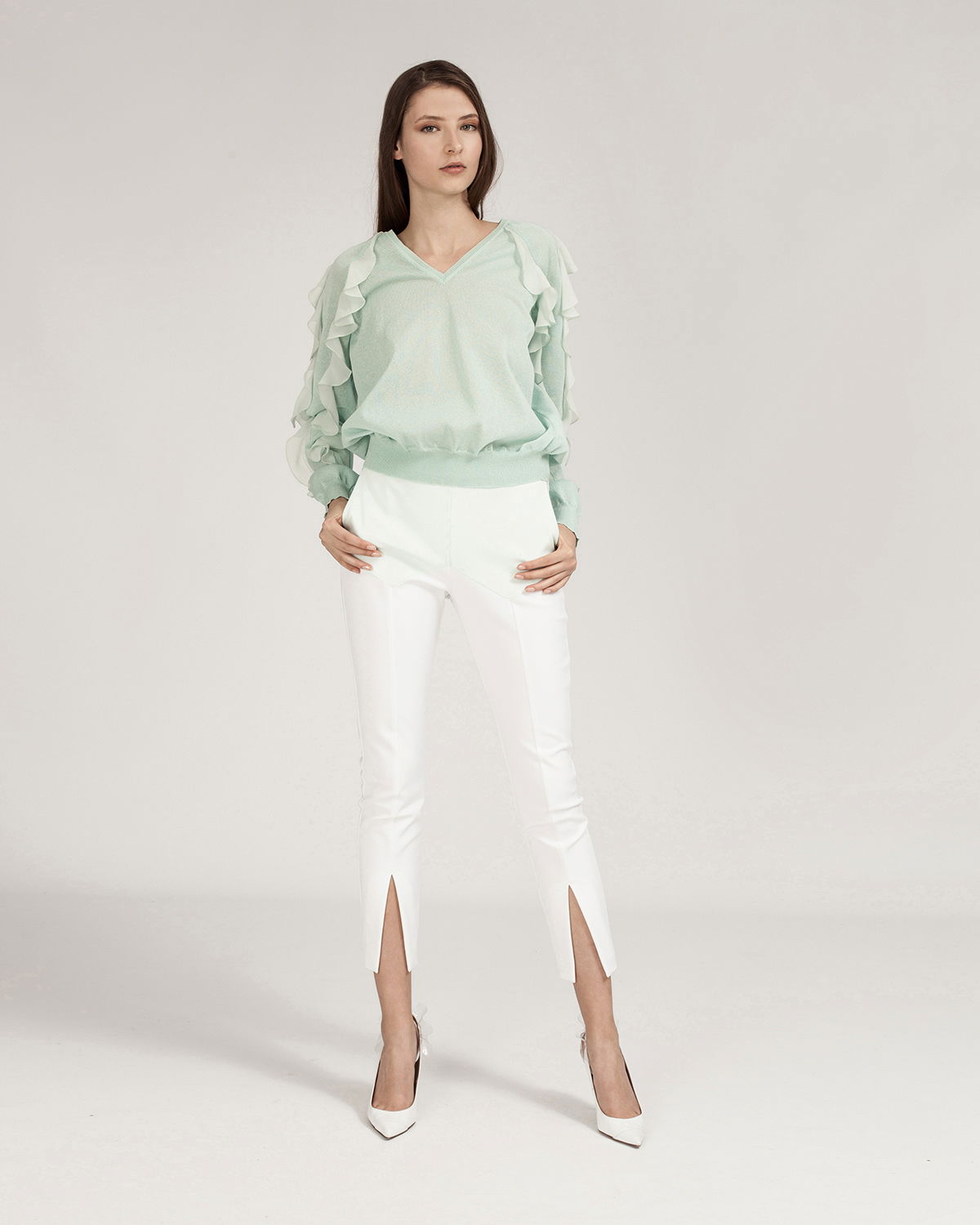 White stretch high-rise pants with ankle slits | Sale, -40% | Genny