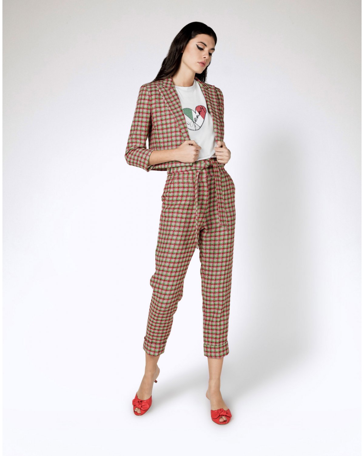 High-waisted belted tweed pants | | Genny