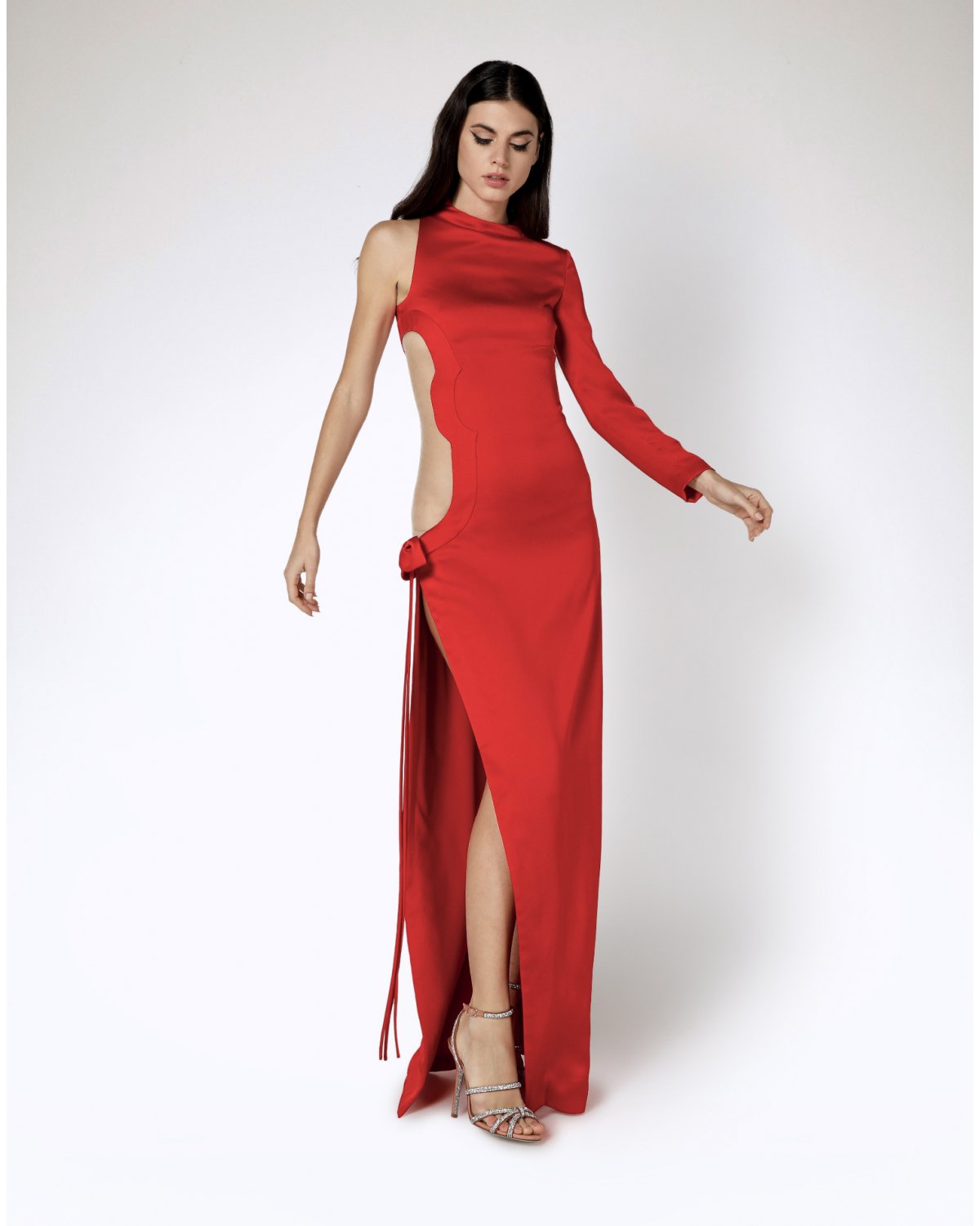 One-sleeve cutout long satin gown | Temporary Flash Sale | Genny