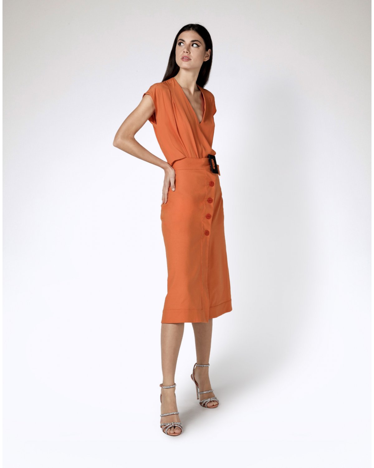 Orange cotton wrap midi skirt | | Genny