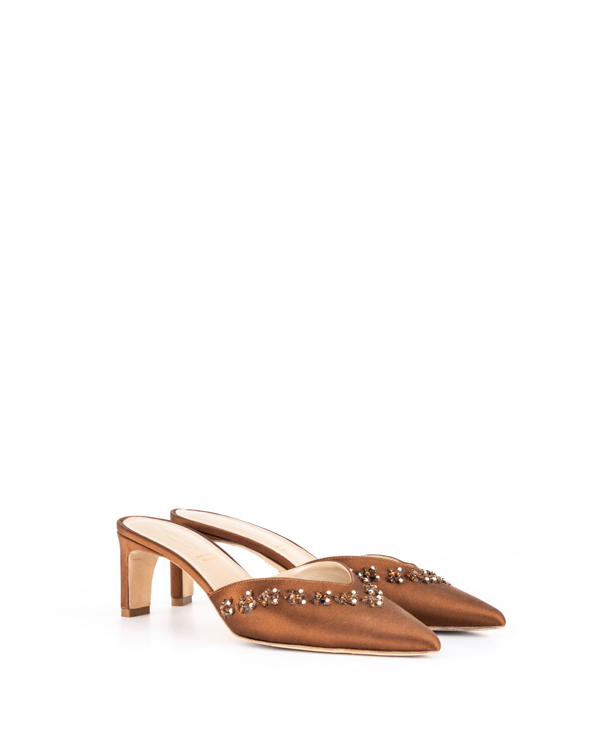 Brown satin pointed mules with rhinestones | Temporary Flash Sale | Genny