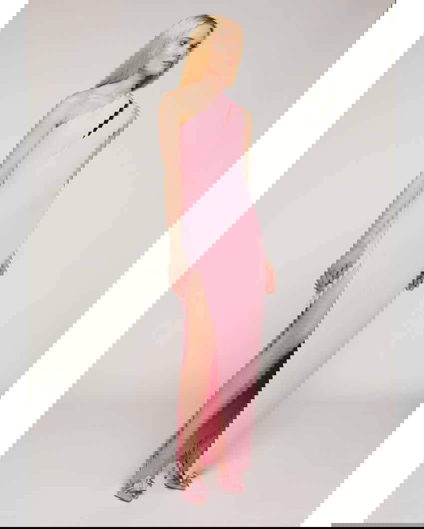 One-shoulder pink evening gown
