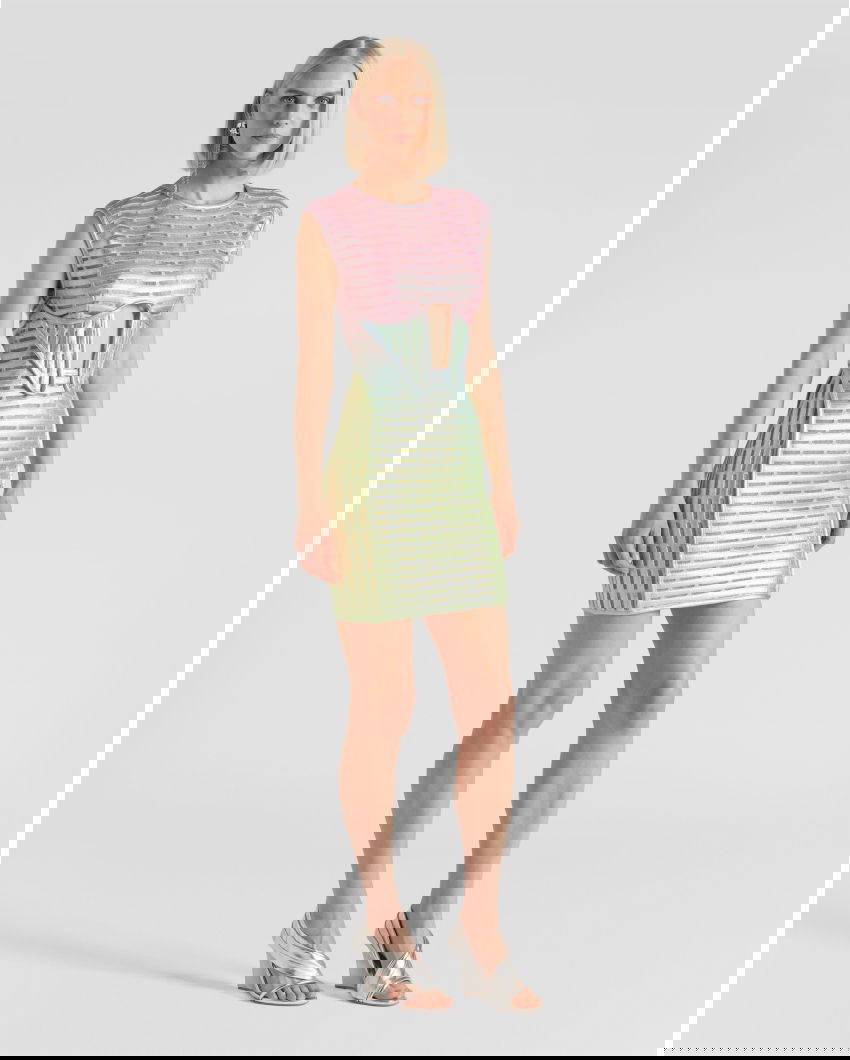 Bodycon dress with iconic laminated embroideries