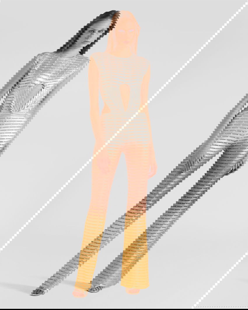Knit jumpsuit with laminated print