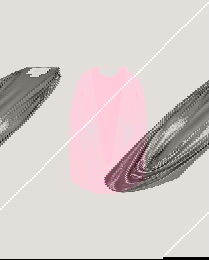 Laminated pink top with a front drape