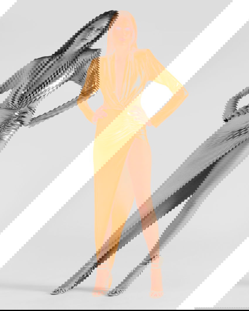 Evening golden dress with slit
