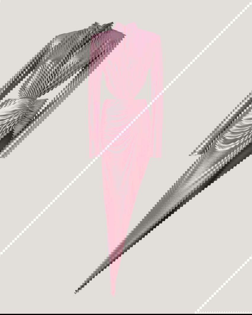 Laminated evening dress with slit
