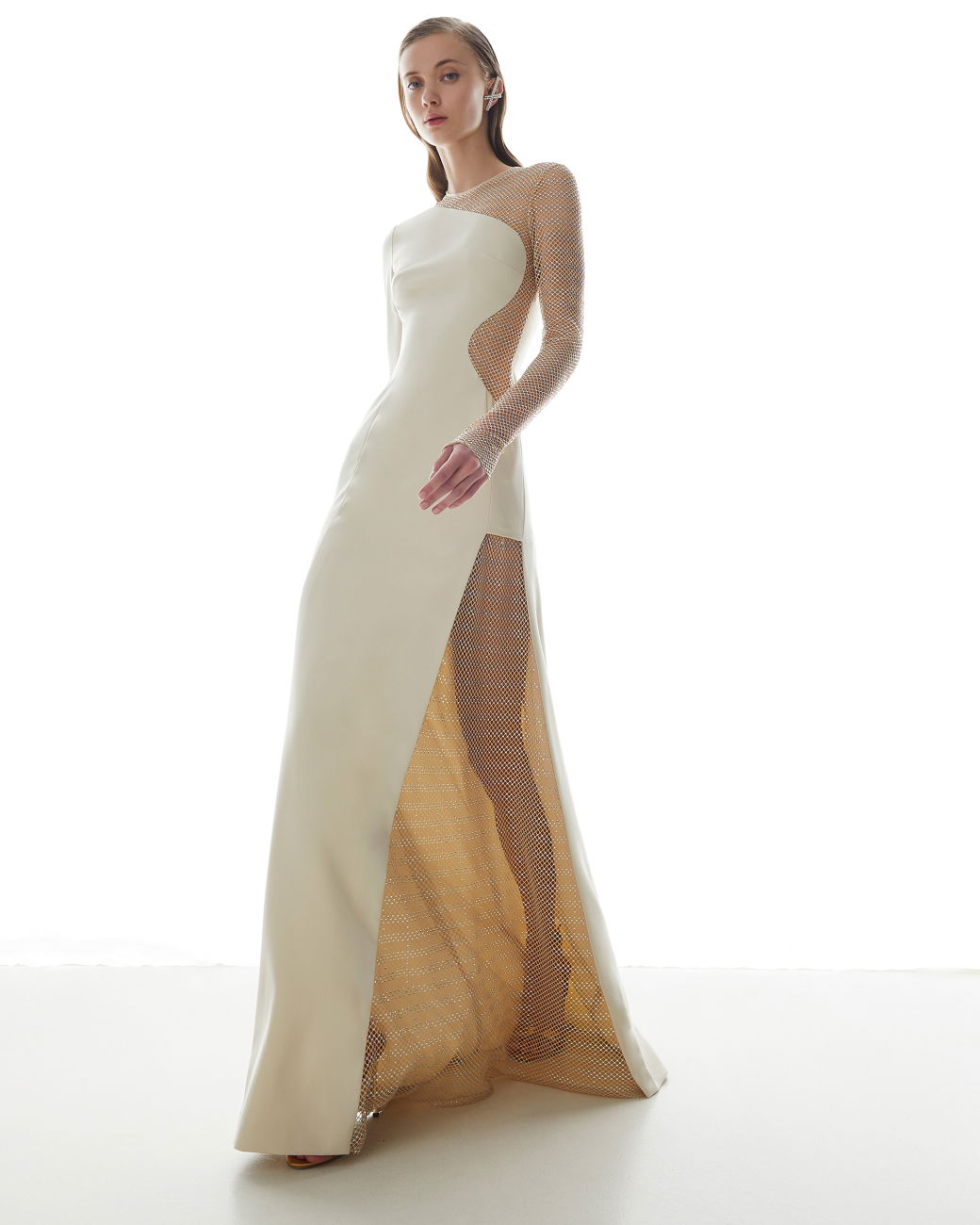 Long dress with mesh insert